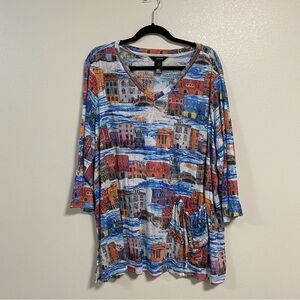 Ali Miles Shirt Women’s Size 2X Cityscape Print Burnout V Neck Top